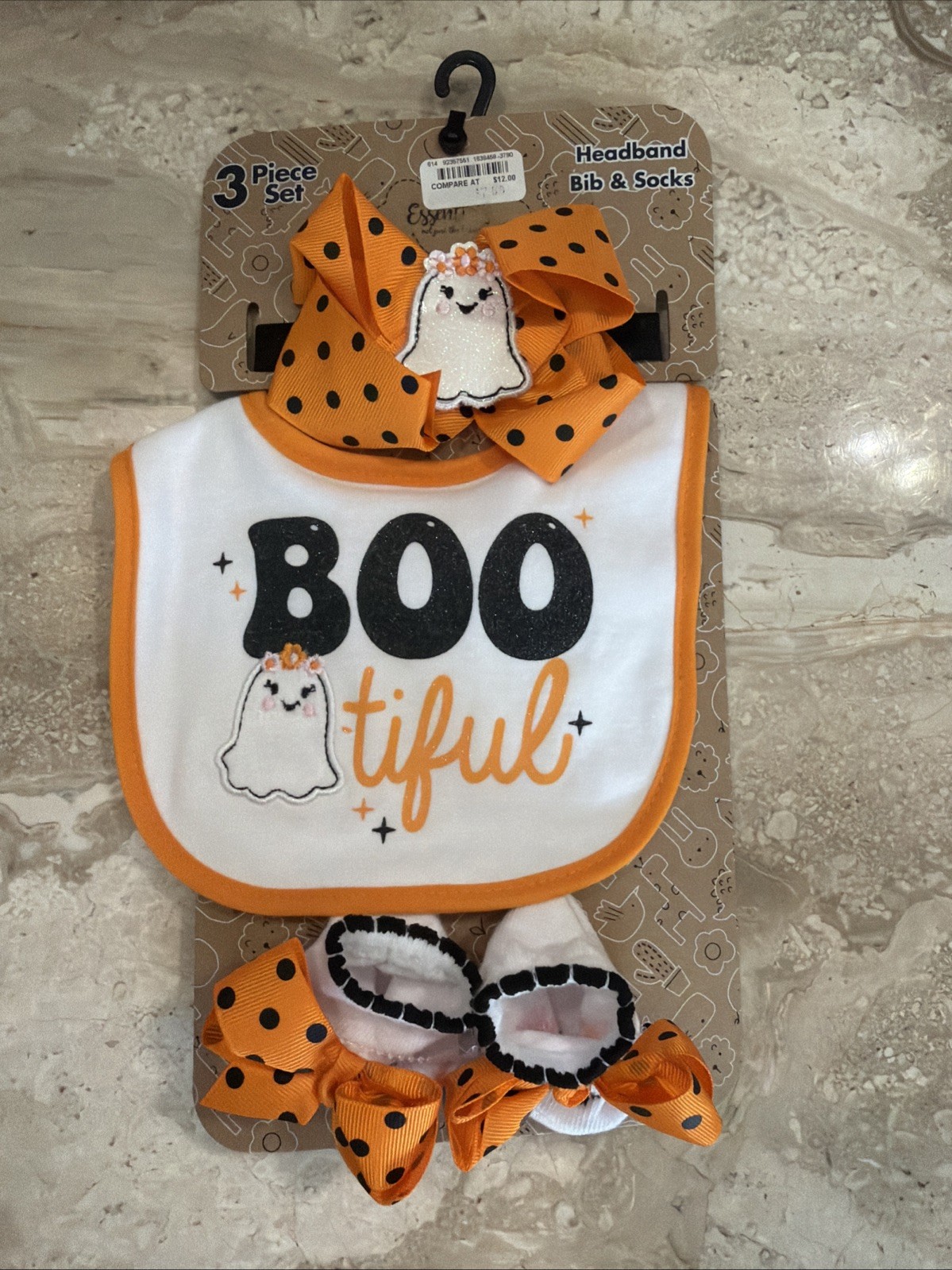 Baby Essentials Halloween Boo-tiful 3 Piece Set Headband Bib Socks NEW Ghost
