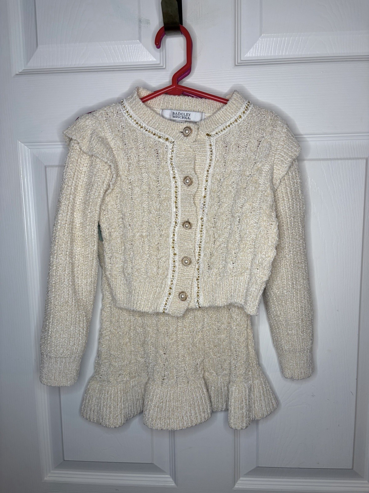 Badgley Mischka Cream Cable Knit Pearl Button Gold Metallic Sweater Set Girl 3T
