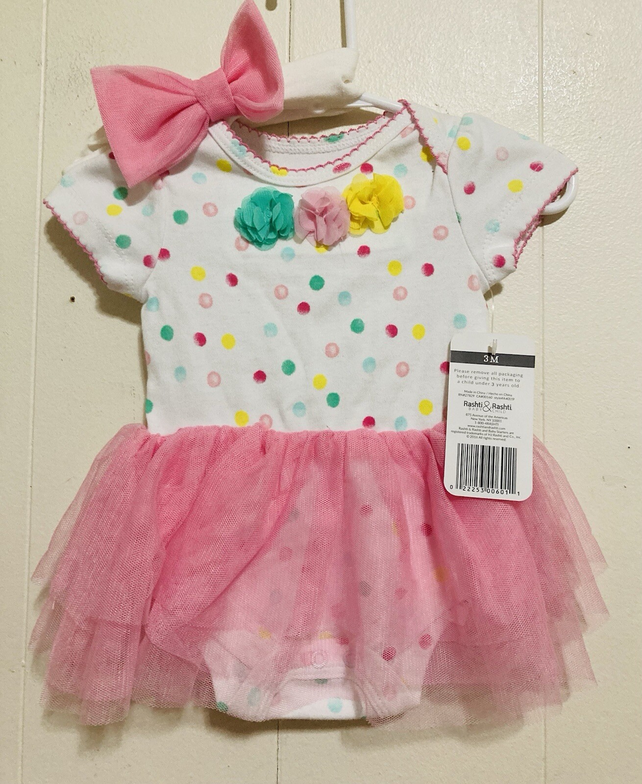 Baby Starters Pink Tully Poka Dot Bodysuit Dress & Headband 3M
