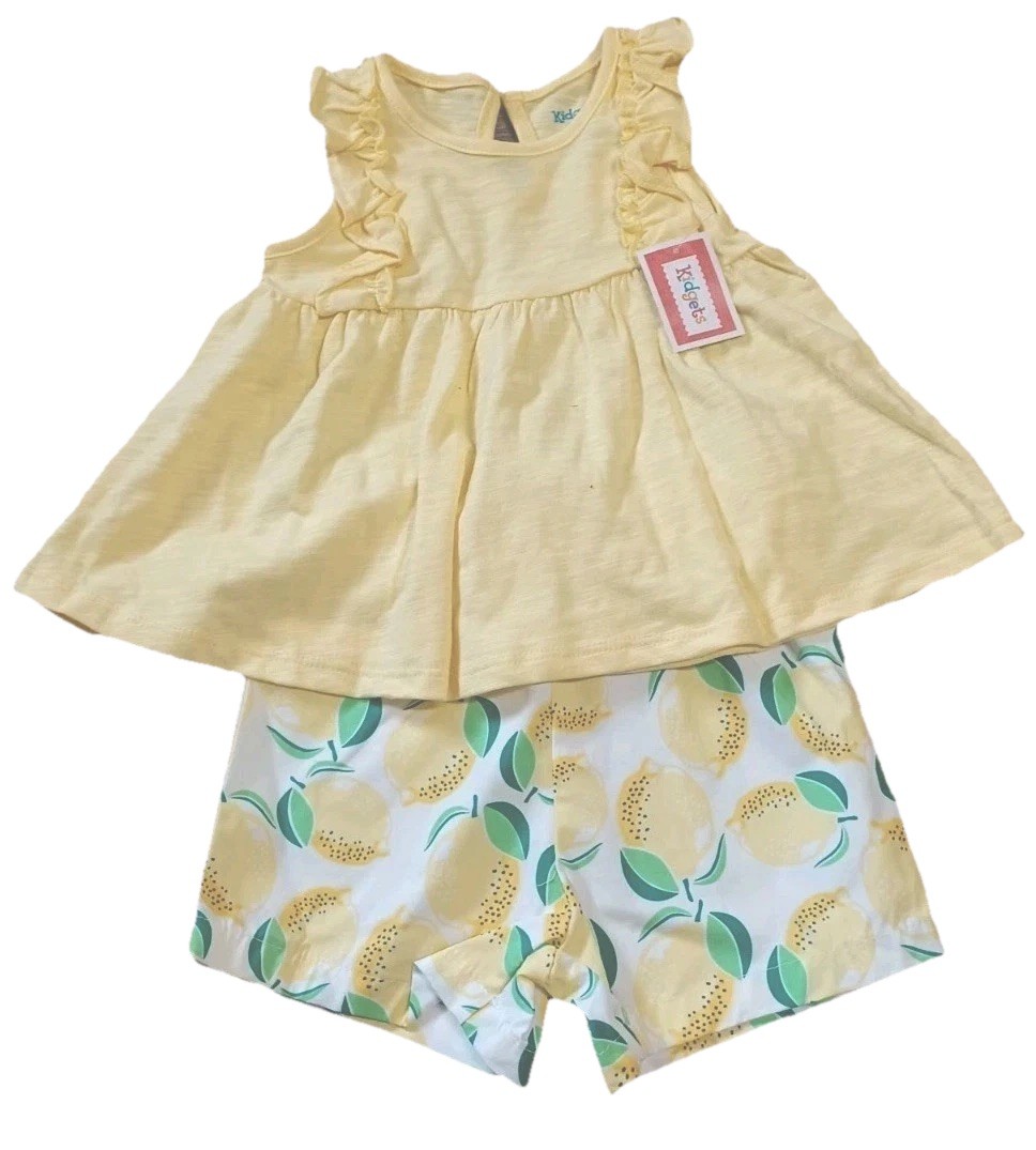 Yellow Lemon Print Sleeveless Top & Shorts Set with Ruffle Accents, Summer 24 M