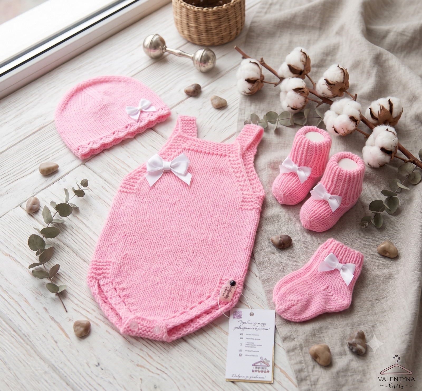 Handmade Knit Baby Girl Romper Bodysuit & Booties Set Pink Cotton Clothes 0-6M