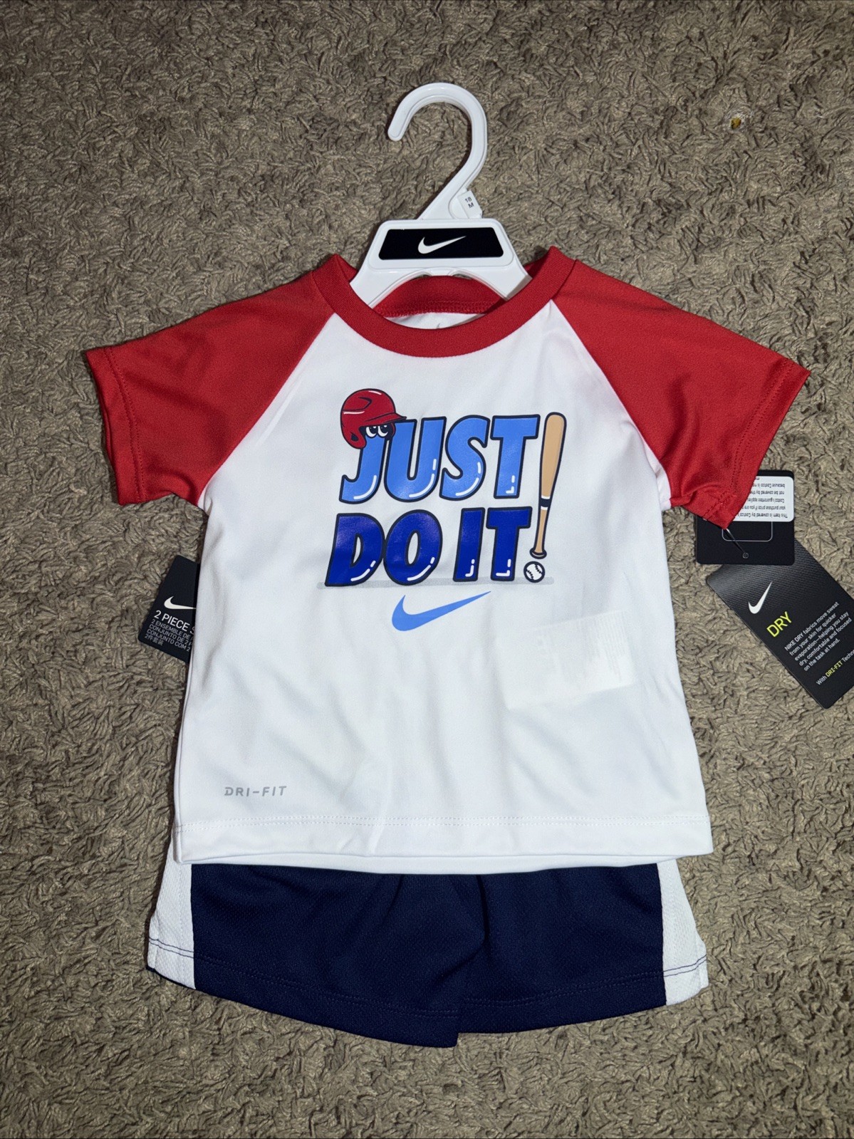 NEW Toddler Boy’s Nike 2 Piece Set Red Blue Shirt and Shorts Size 18 Months