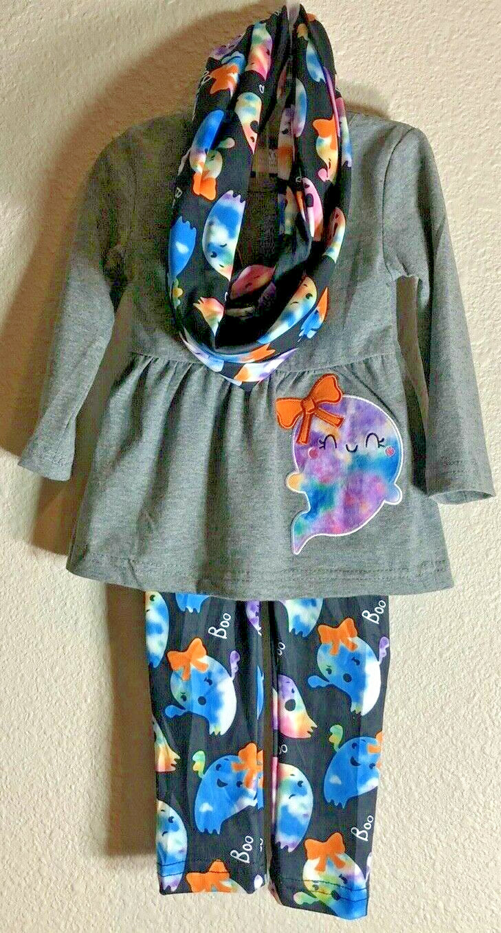 Ghost Fall 3 piece Outfit/ Infant-Girl/Grey long sleeve top/ Black ghost legging