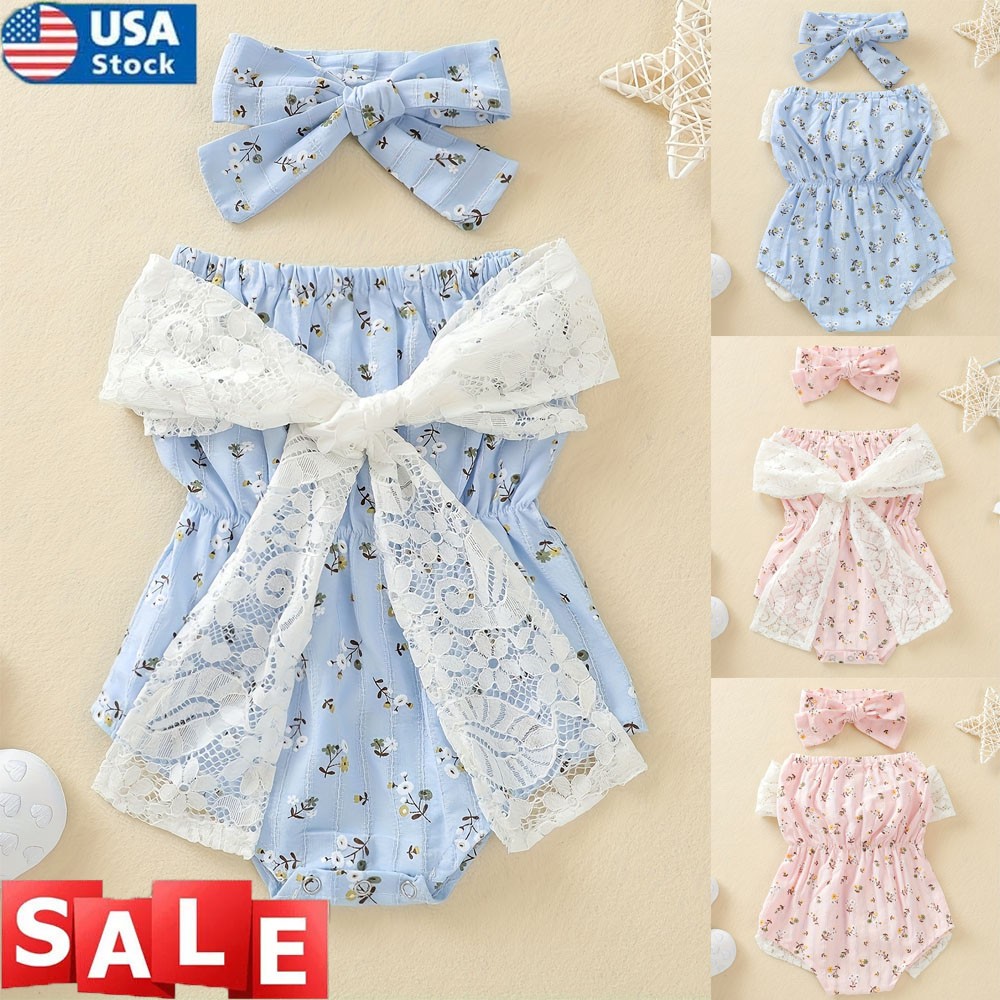 Baby Infant Girl Floral Off Shoulder Lace Romper One-Piece Jumpsuit Headband Set