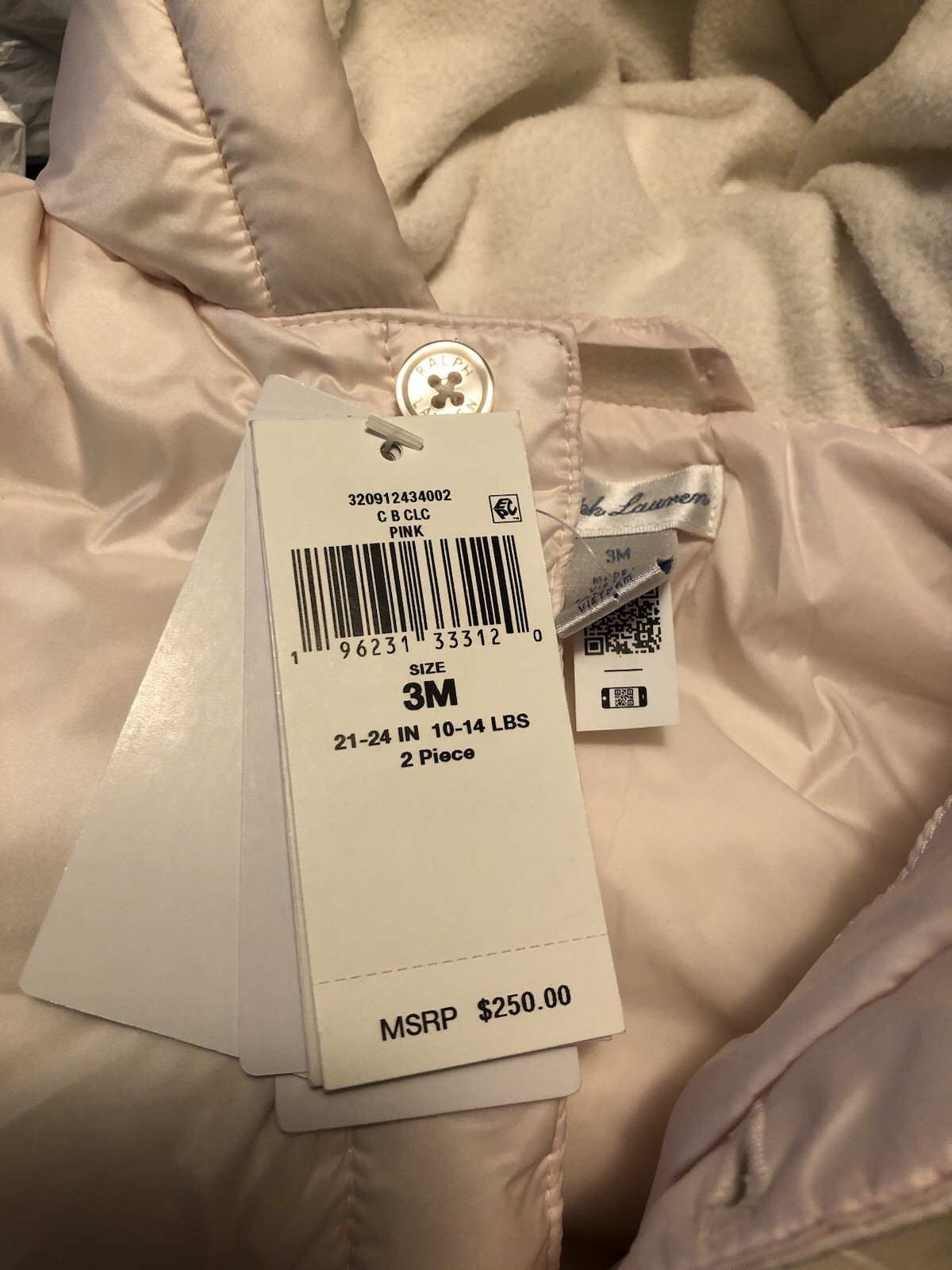 Ralph Lauren 2PC Pink Baby Girls Hooded Convertible Bunting Set Size 3M NWT