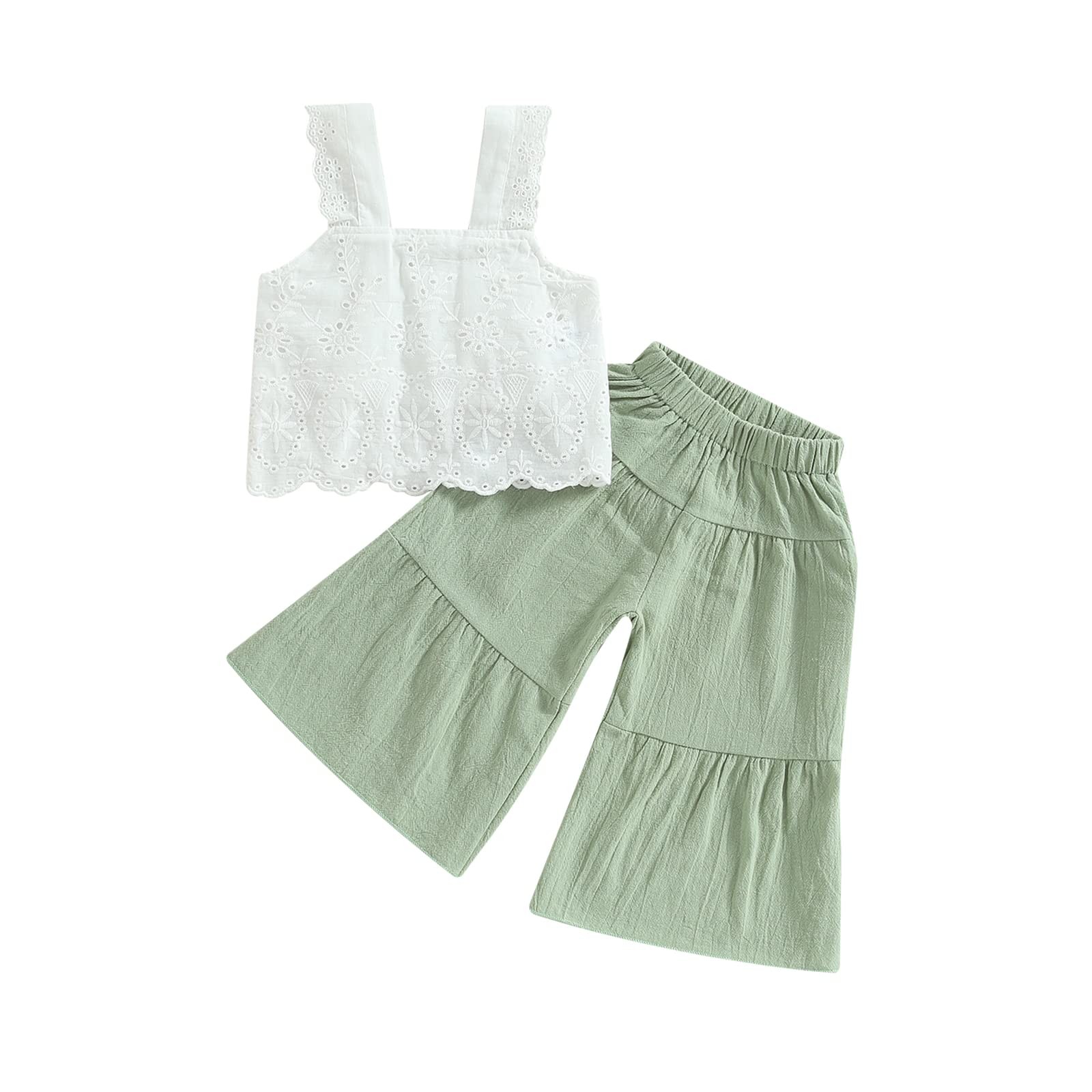 Baby Girls Summer Outfit Solid Color Sleeveless Lace Tank Tops Bell-bottom Ca…