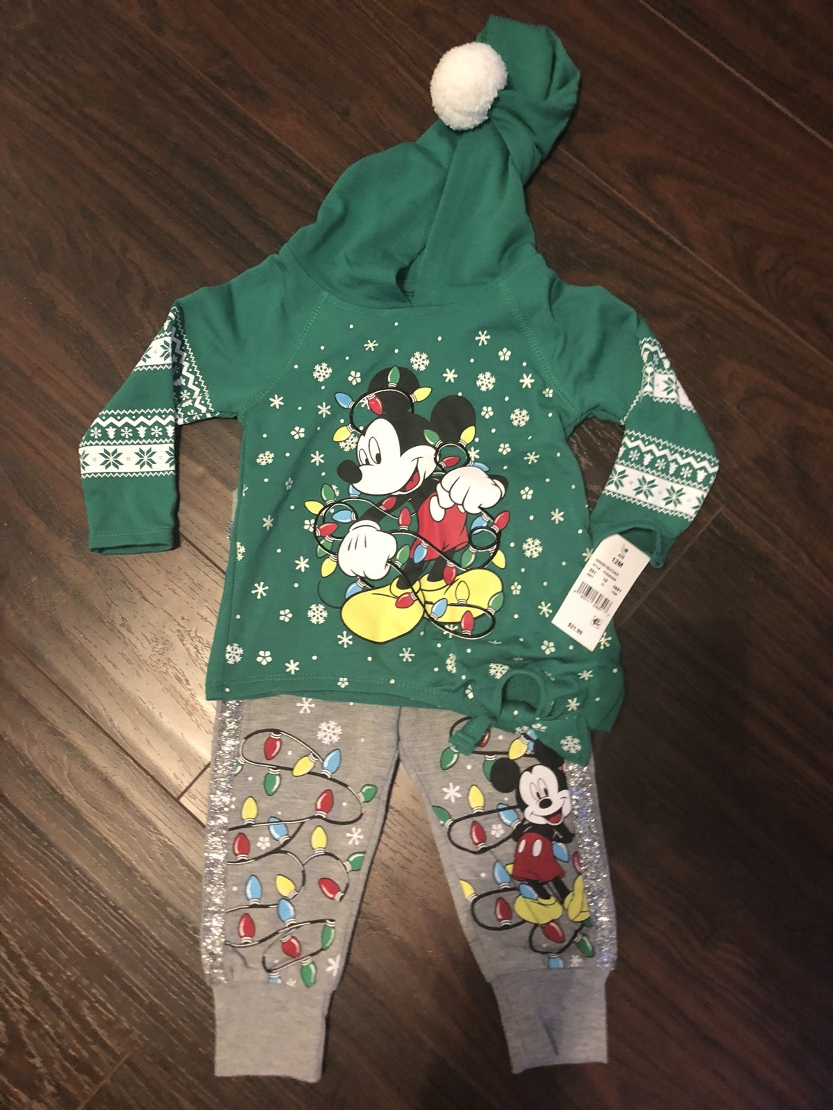 NWT Disney 12M Two Piece Top Pants Set Christmas Mickey Glitter Hooded Bow NEW
