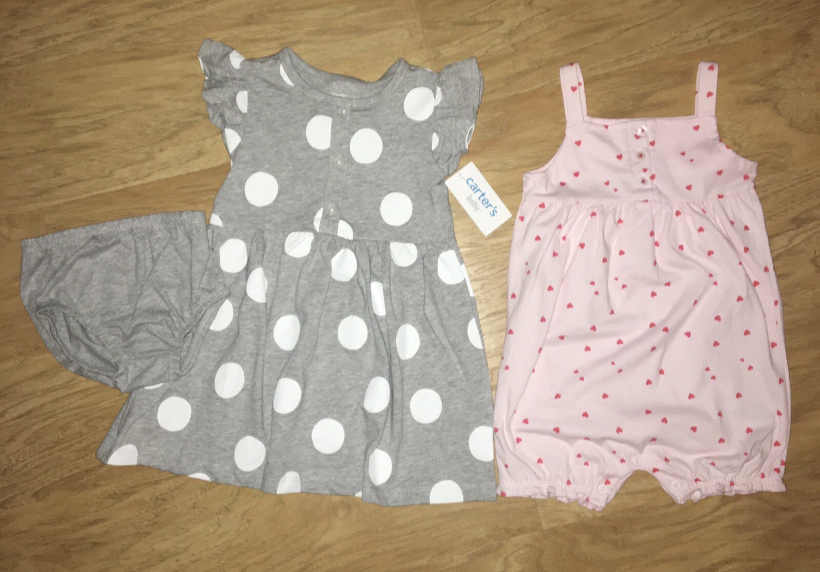 Carters Baby Girl 3 Piece Set – Dress, Bloomers, Pink Heart Romper – Size 24 Mo