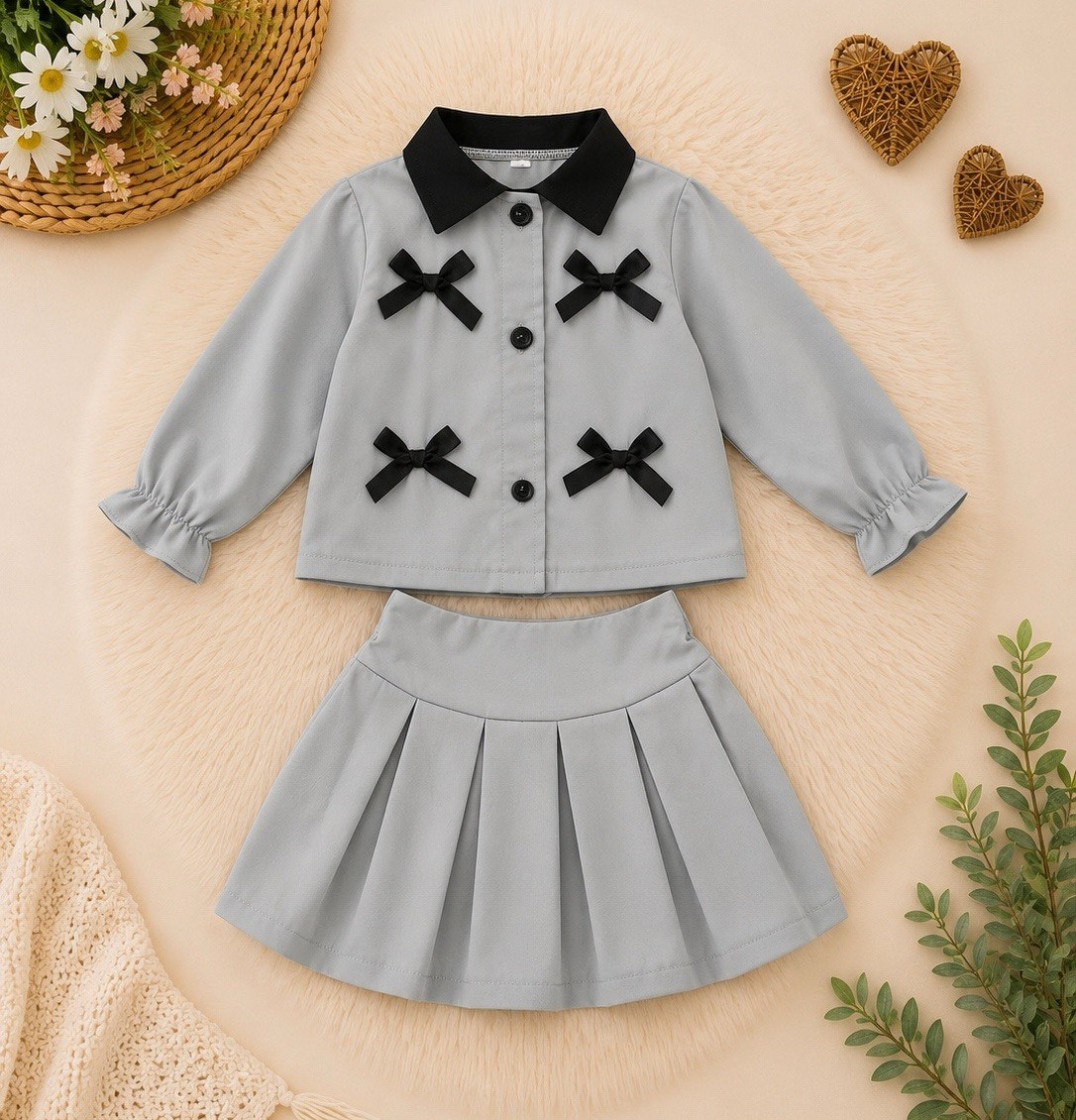Girls 2pc Gray/Black Preppy Outfit Set Long Sleeve Button Jacket Pleated Skirt