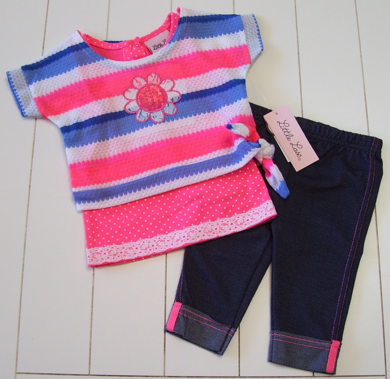 Girls Little Lass 3 Pc Coral White Shirt Overshirt Leggings Outfit Sz 12M