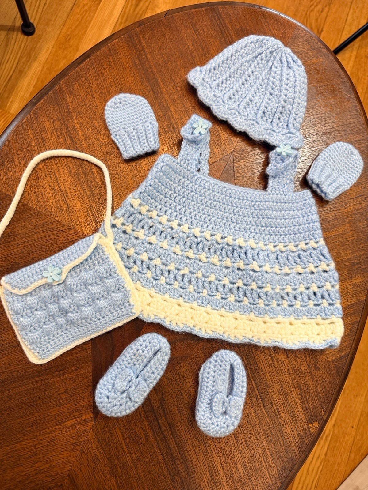 Handmade Crochet Baby Set Overalls, Hat, Mittens, Booties – Blue & Cream NWOT