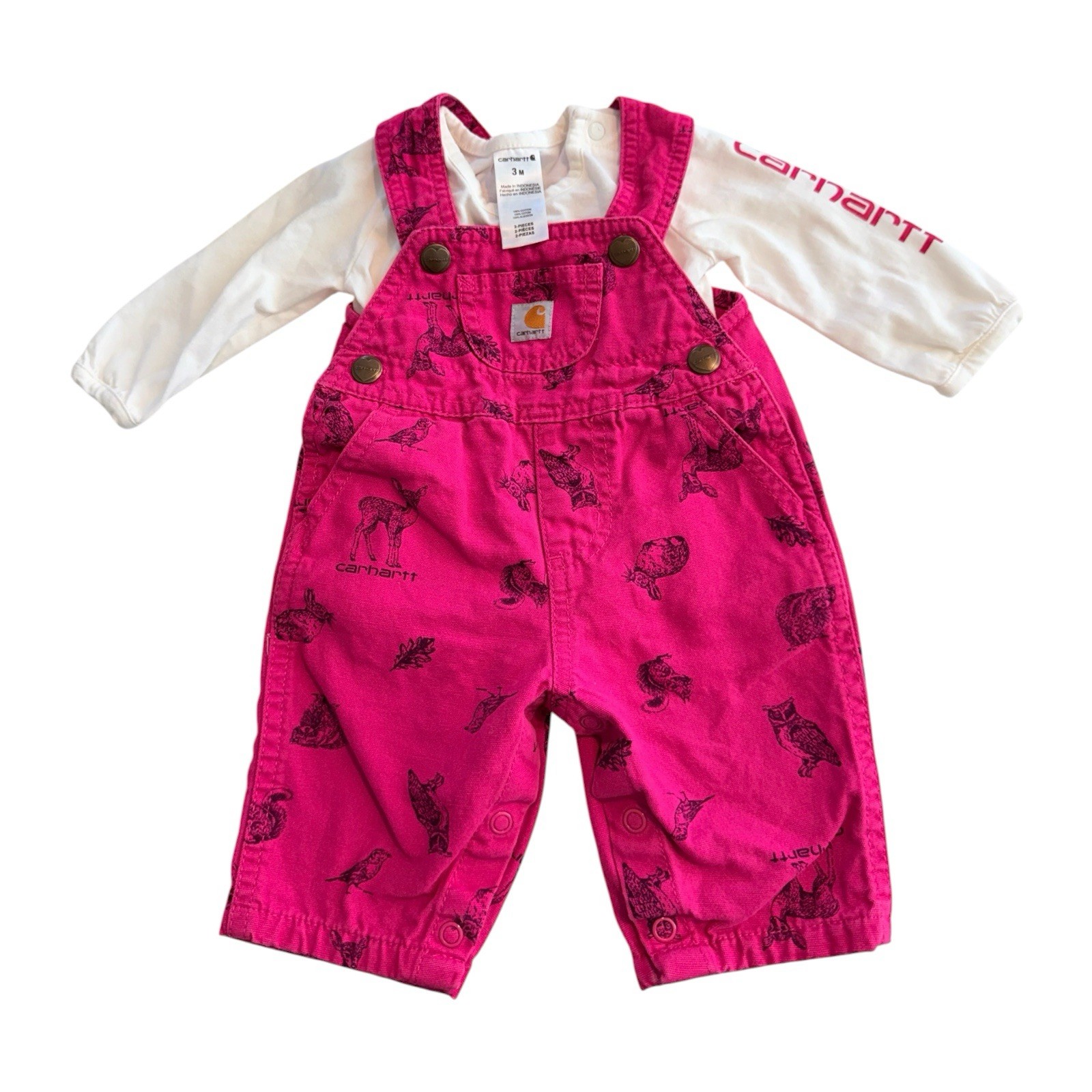 Carhartt Baby 2 Piece Set Pink Animals Bodysuit Canvas Overalls Size 3M Magenta
