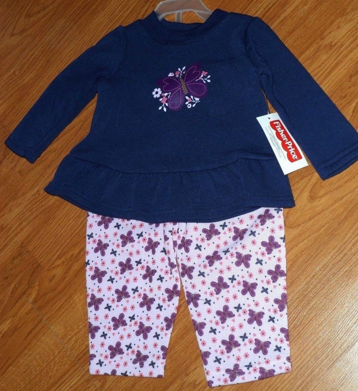 *FISHER PRICE GIRL’S OUTFIT SIZE 3/6MO. -12MO. BLUE PINK BUTTERFLIES NWT