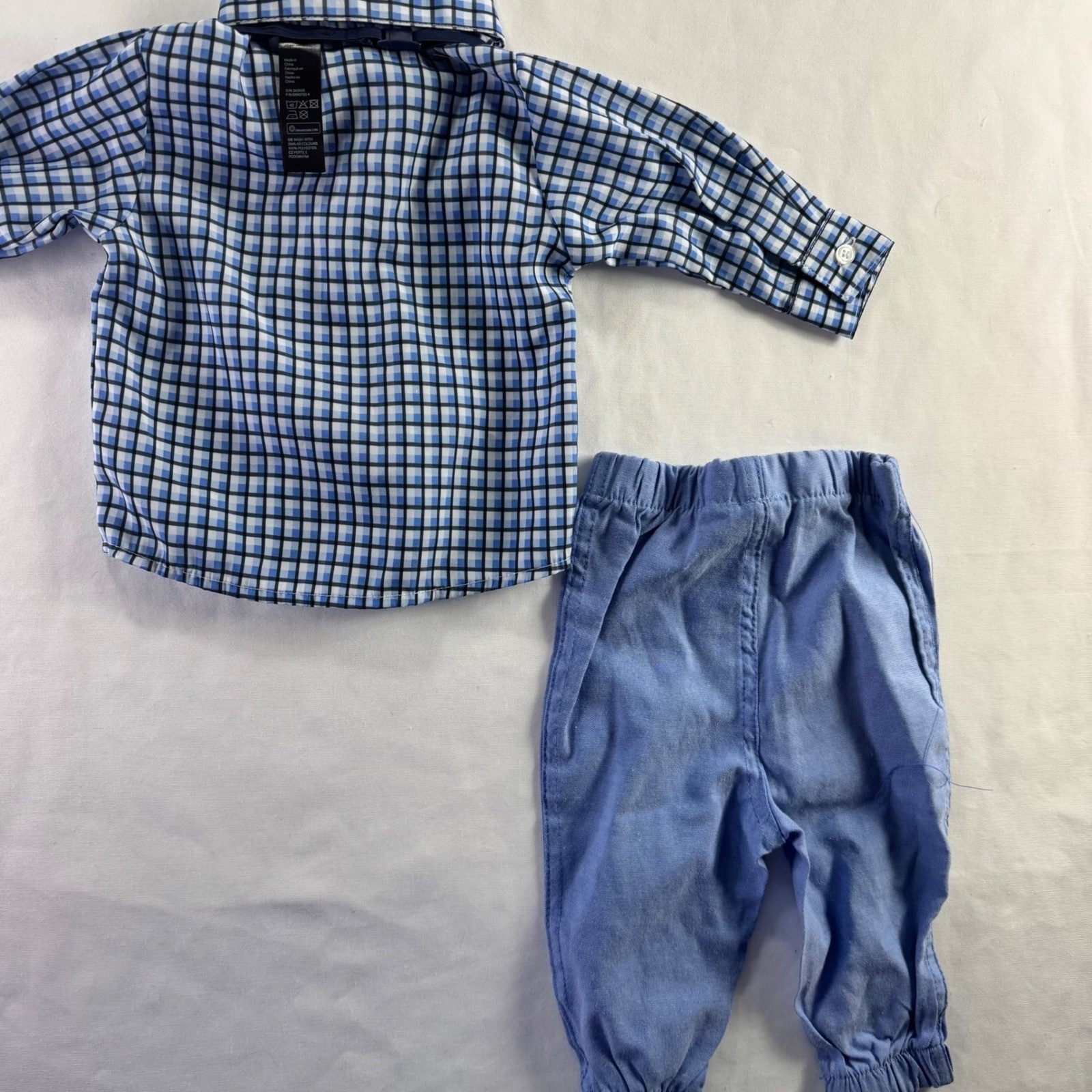 Happy Fella Boys Blue Checkered Shirt Pants Bow Tie 3pc Set 6-9 Months
