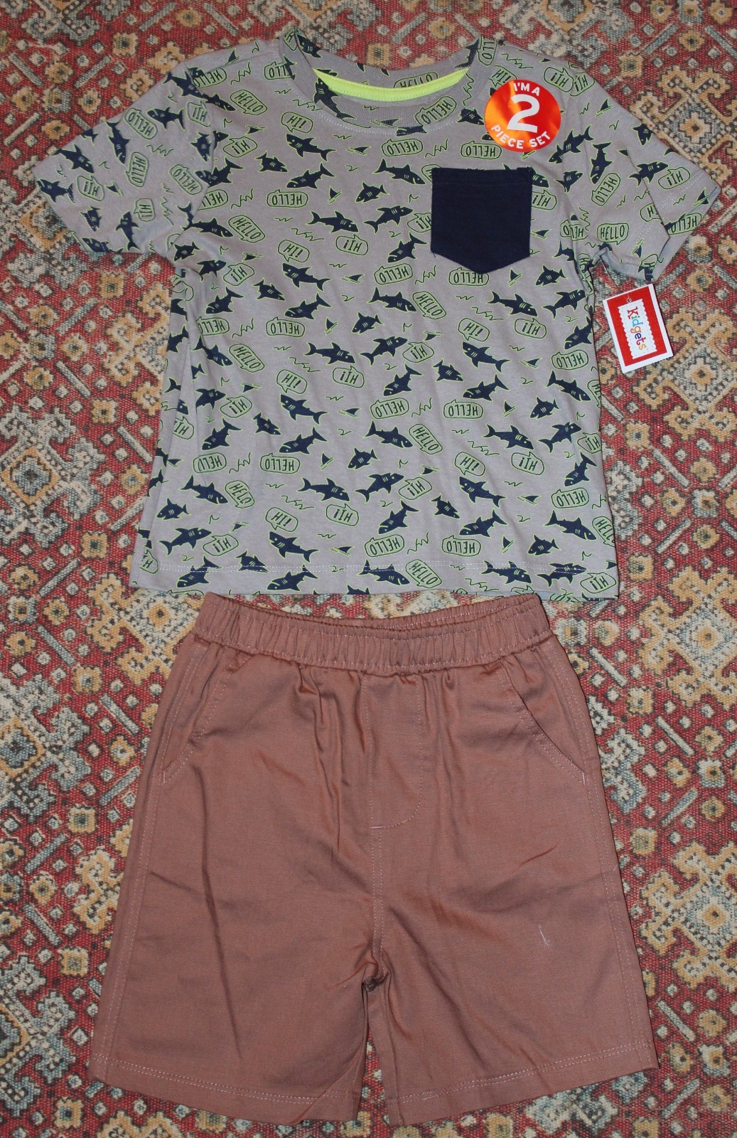 New With Tags Sz 3T Boys Kidgets Shorts Shirt 2 Piece w/ Pocket 100% Cotton NWT