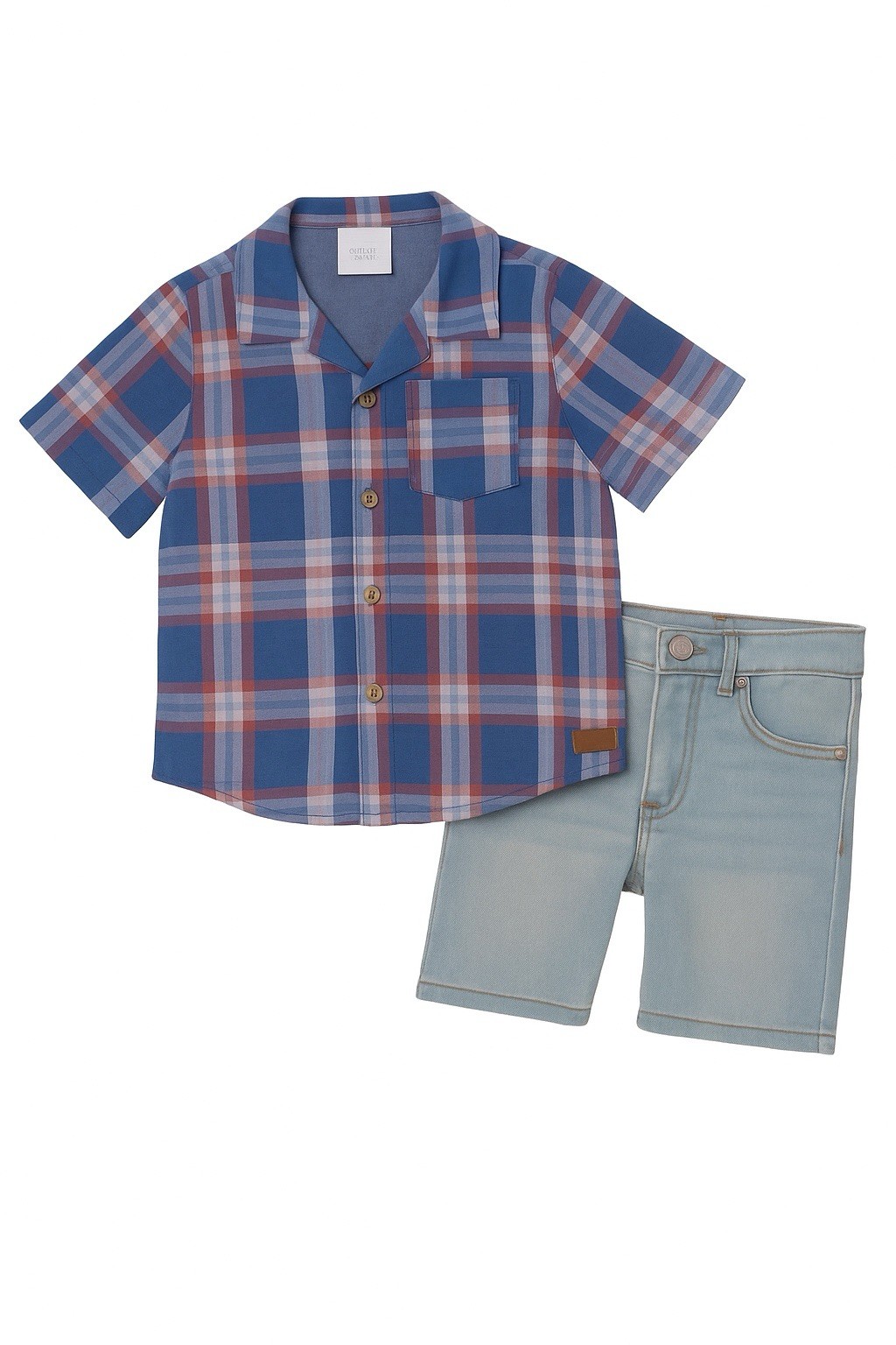 Koala Kids Toddler Boys 6T 2pc Outfit Set Plaid Linen Cotton Shirt Denim Shorts