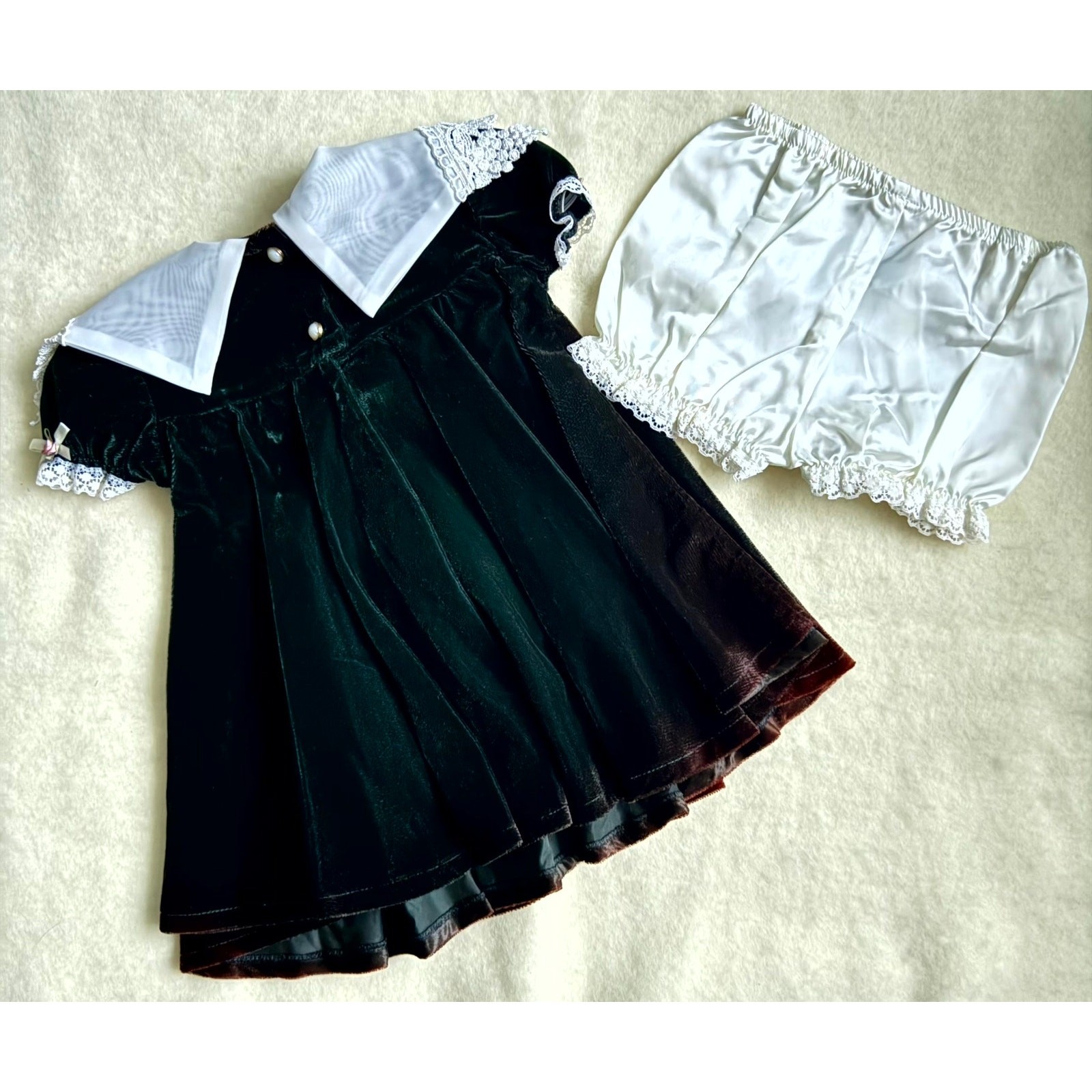 Vintage 90s It’s Baby Dress Set Girls 18-24M XL Green Velvet Lace Collar Floral