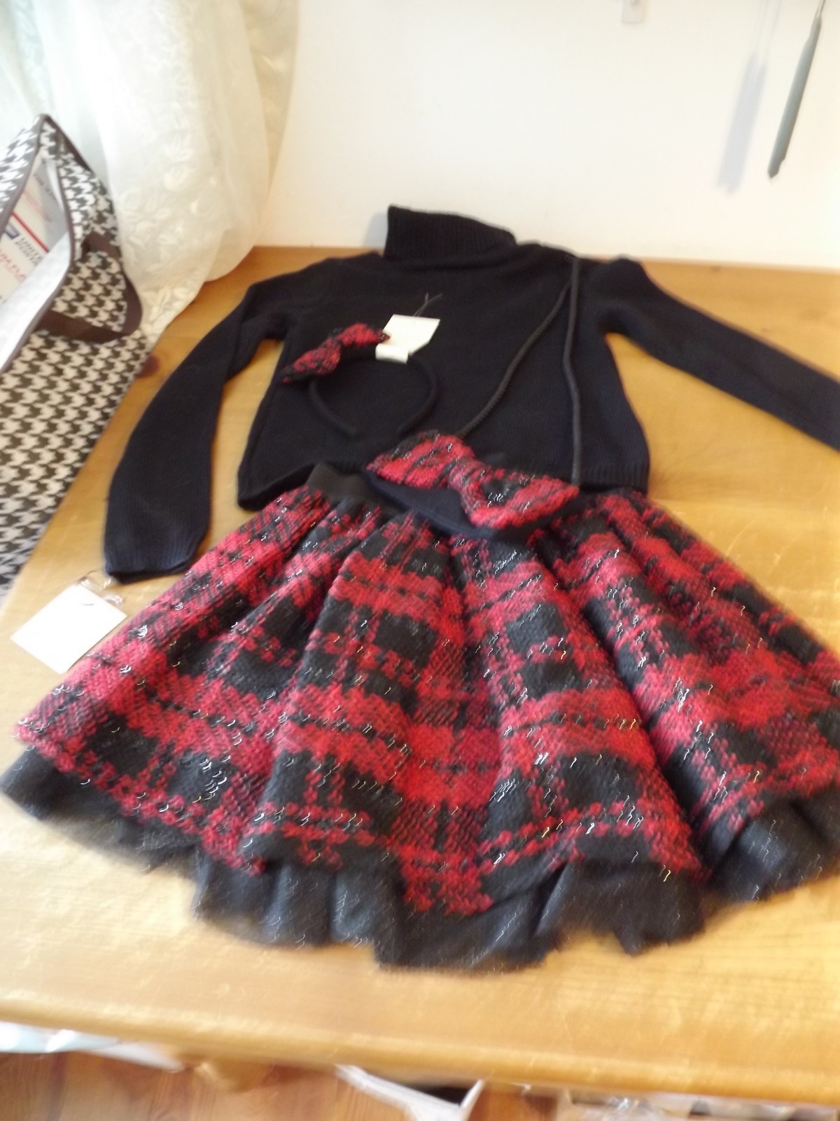 NEW 4PC CYNTHIA ROWLEY sweater skirt purse headband RED & BLACK TWEED SZ 7-8 NWT