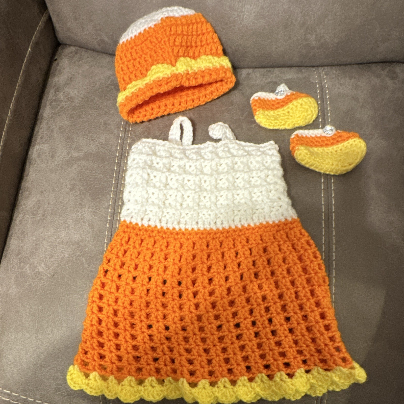 Crochet Newborn 3-Piece Dress Set Hat Booties Colorblock Orange White Yellow