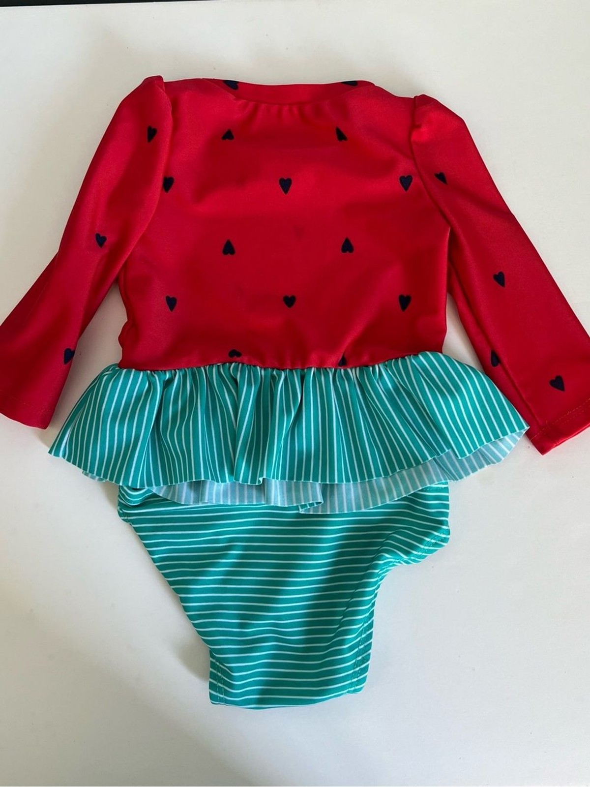 Cat & Jack Red Heart Rash Guard Swim Set with Teal Striped Skirted Bottom 6-9 Mo