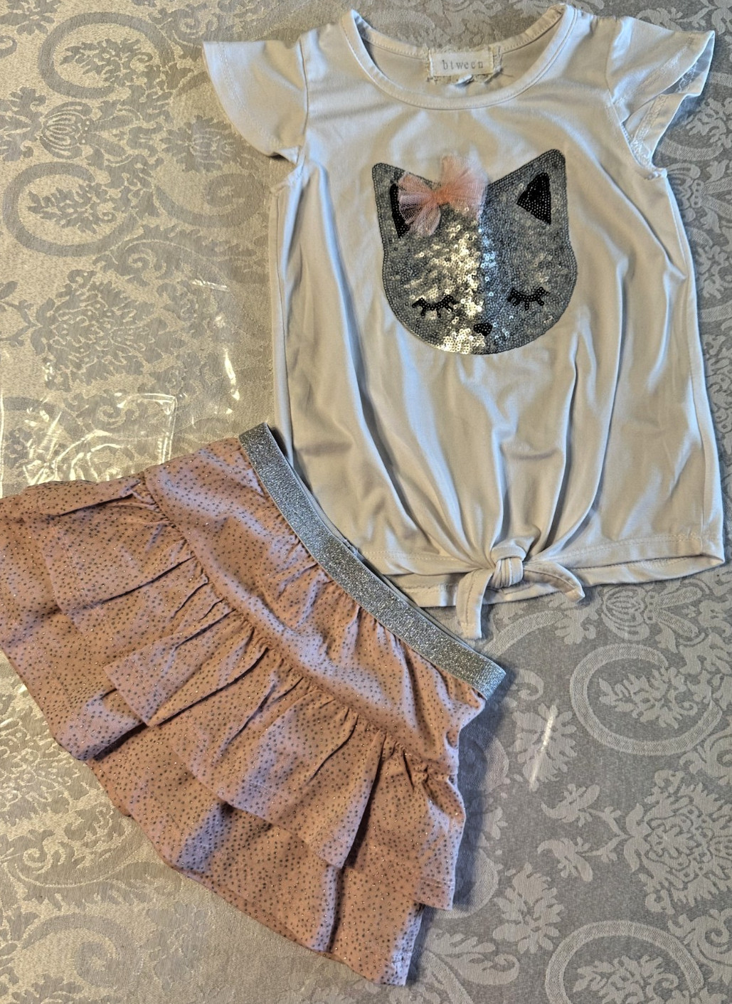 3T toddler girls Pink White Silver Sequins & Glitter Kitty Top & Ruffled Skirt