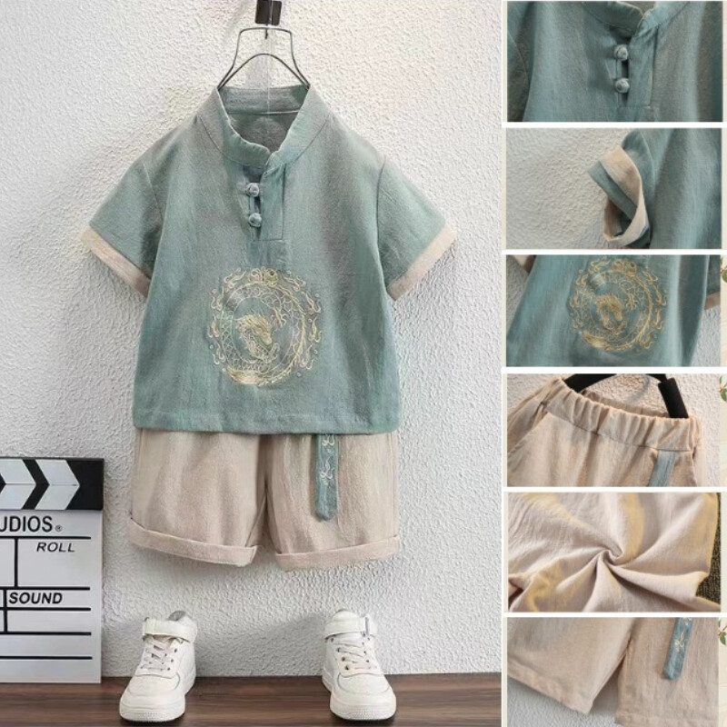 2Pcs Kids Boys Tang Suit Chinese Traditional Hanfu Clothes Cotton Costume