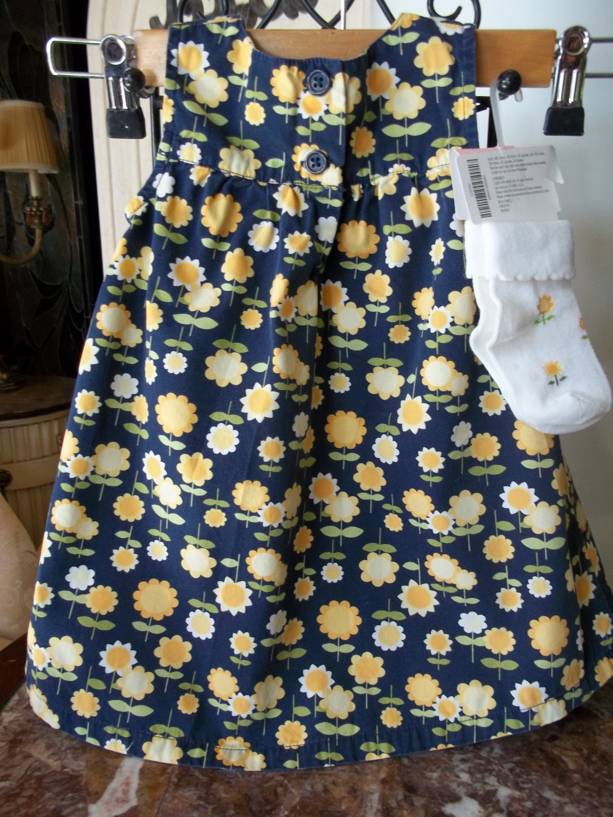 2008 Gymboree Sunny Days Ahead navy sunflower print sun dress 6-12 NWT socks